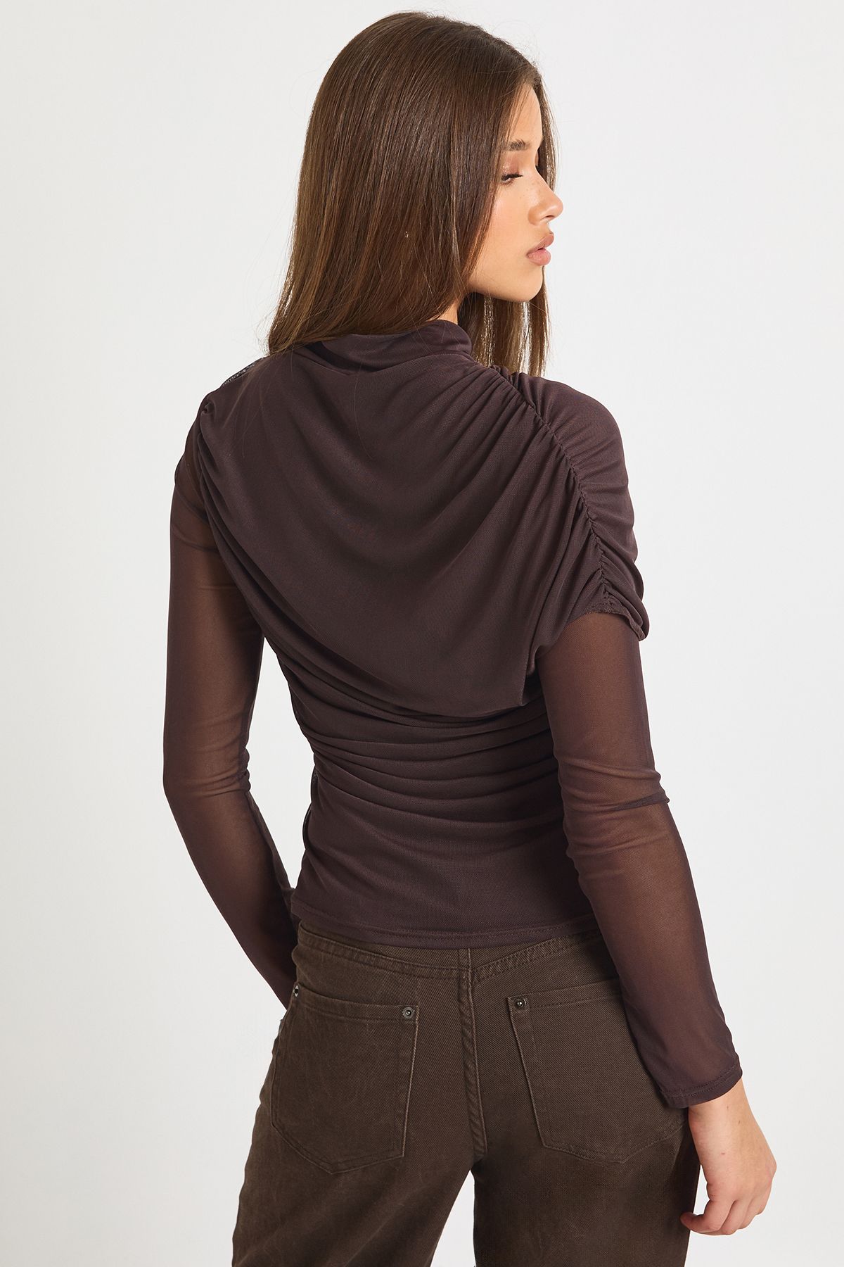 Long Sleeved Ruched Mesh Top - Image 2