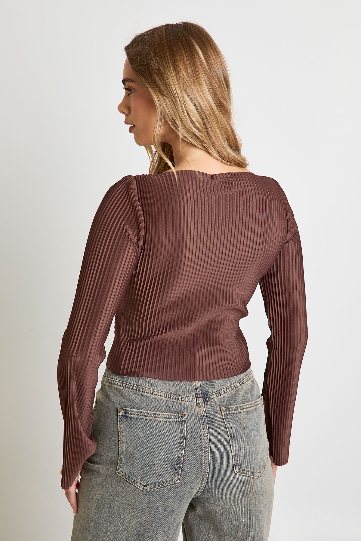 Plisse Slash Neck Long Sleeve Top - Image 2