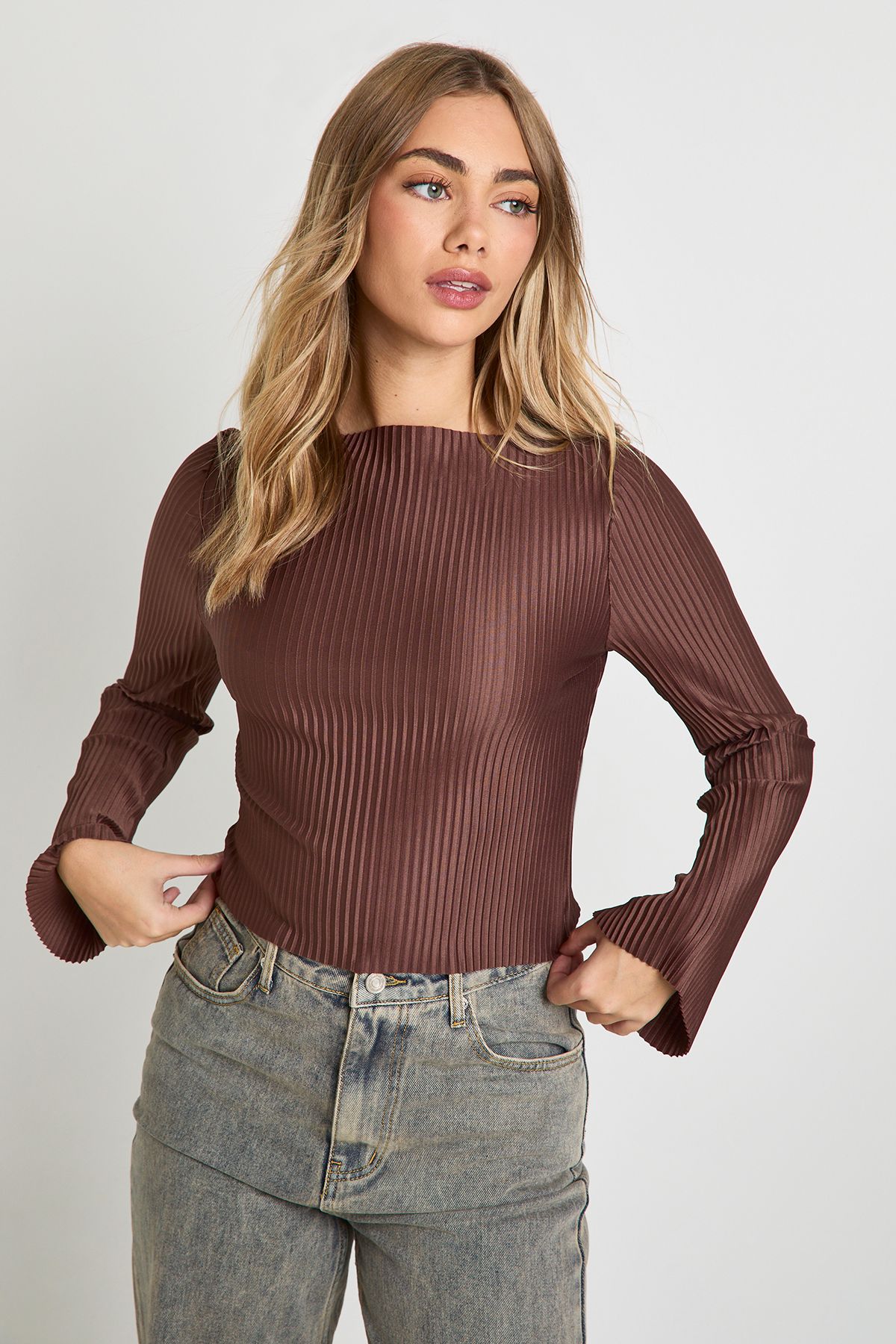 Plisse Slash Neck Long Sleeve Top - Image 3