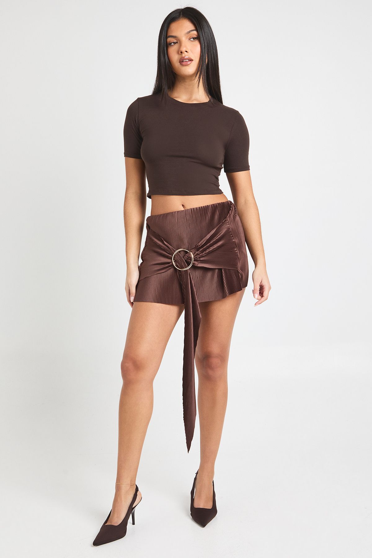 Plisse Mid Rise Draped Mini Skirt With Ring Trim