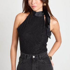 Lace Satin Bow Detail High Neck Bodysuit