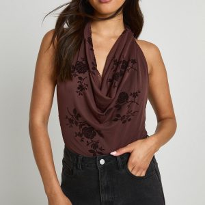 Floral Devoure Cowl Low Neck Sleeveless Bodysuit