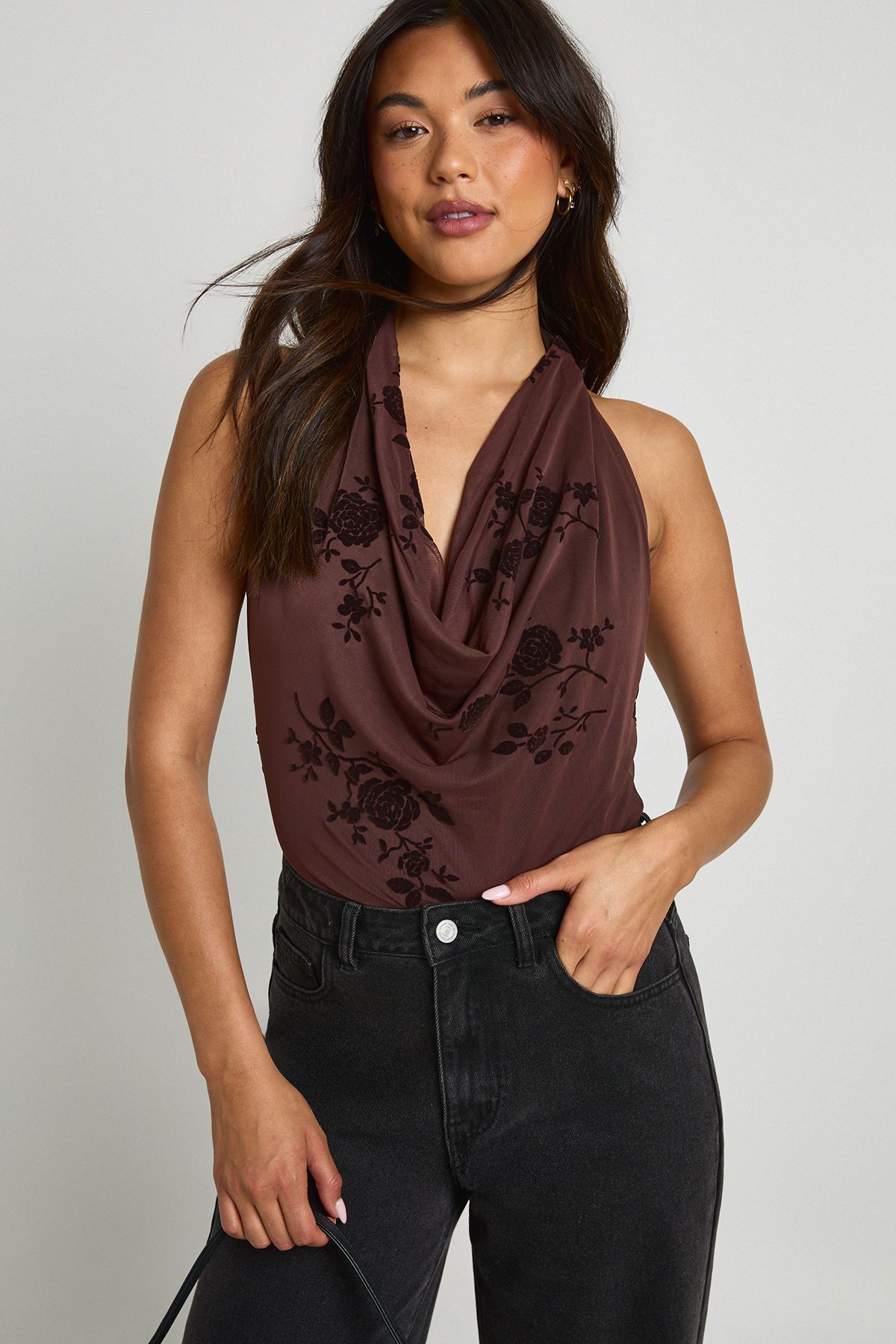 Floral Devoure Cowl Low Neck Sleeveless Bodysuit