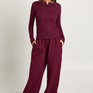 Rib Button Through Long Sleeve Top Tracksuit