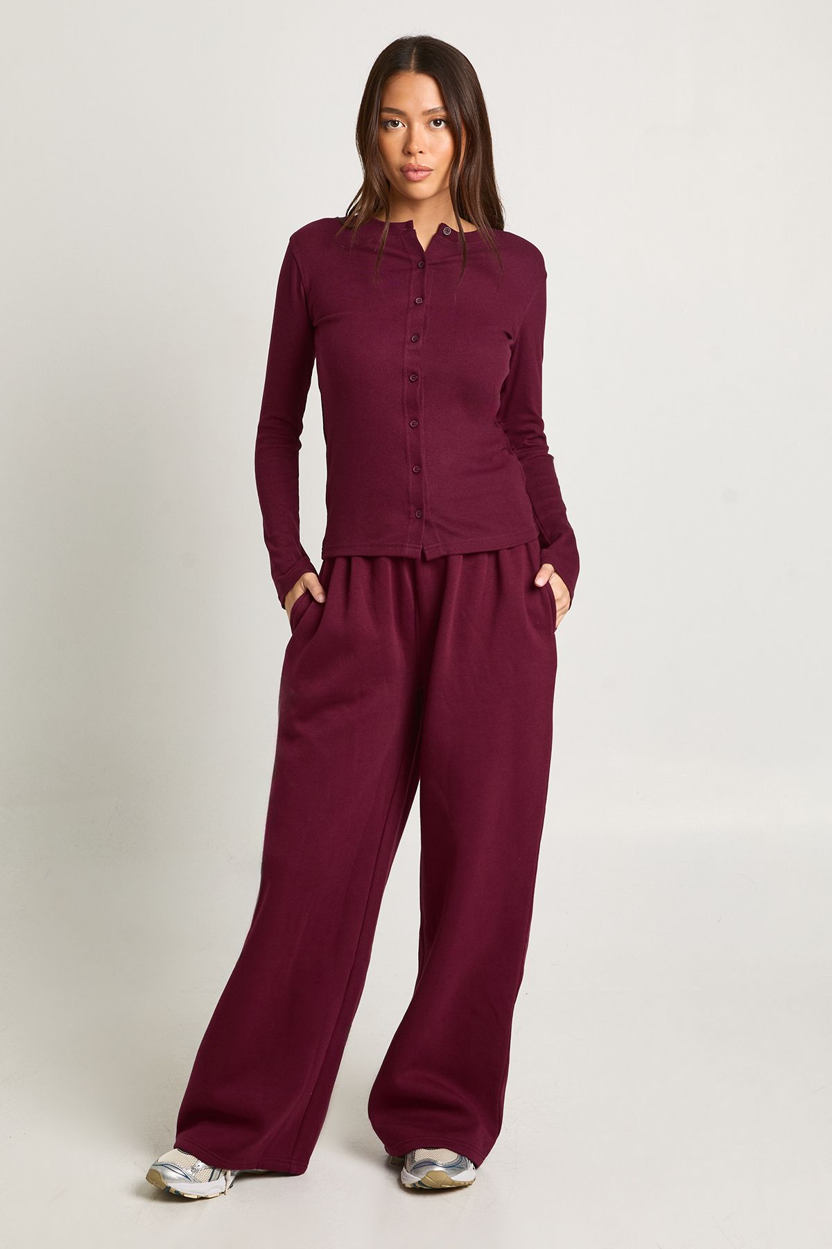 Rib Button Through Long Sleeve Top Tracksuit