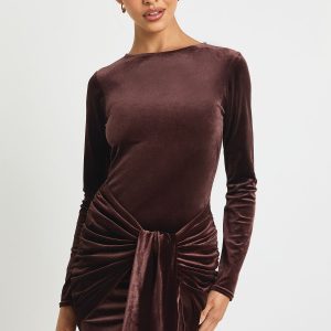 Velvet Tie Waist Long Sleeve Mini Dress