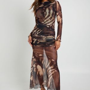 Animal Printed Ruched Mesh Maxi Dress