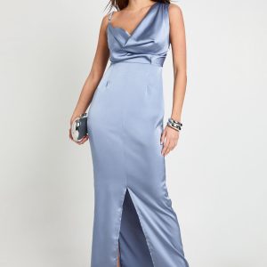 Asymmetric Satin Drape Back Maxi Dress