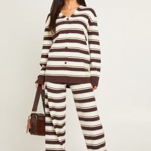 Petite Super Soft Rib Knitted Boyfriend Cardigan and Wide Leg Trouser Co-Ord