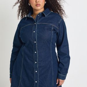 Plus Denim Cinched Button Down Skater Dress