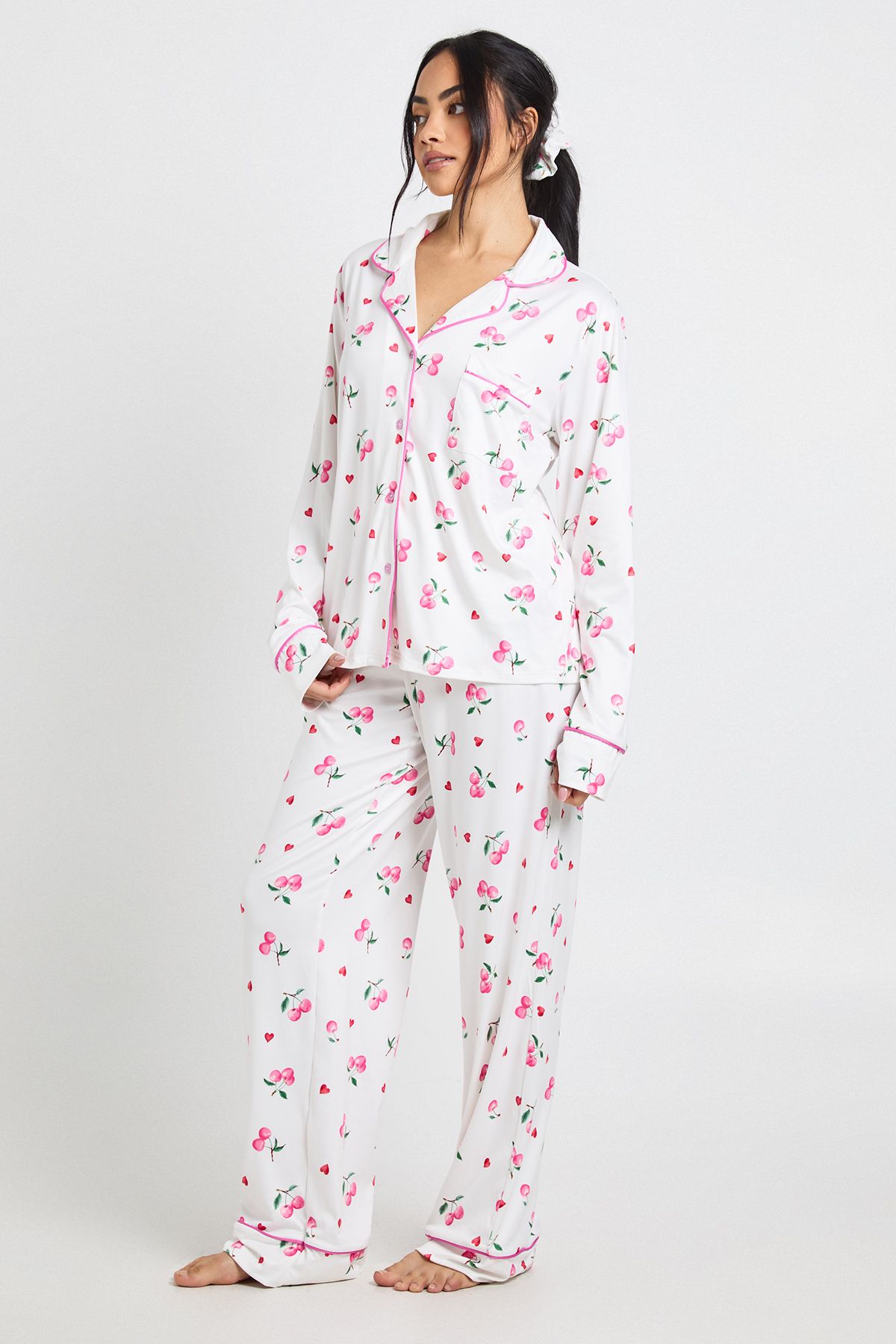 Cherry Print Long Sleeve Shirt & Trousers 3 Piece Pyjama Set