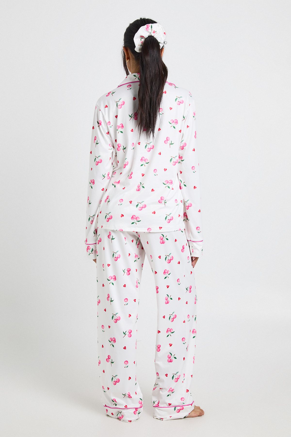 Cherry Print Long Sleeve Shirt & Trousers 3 Piece Pyjama Set - Image 2