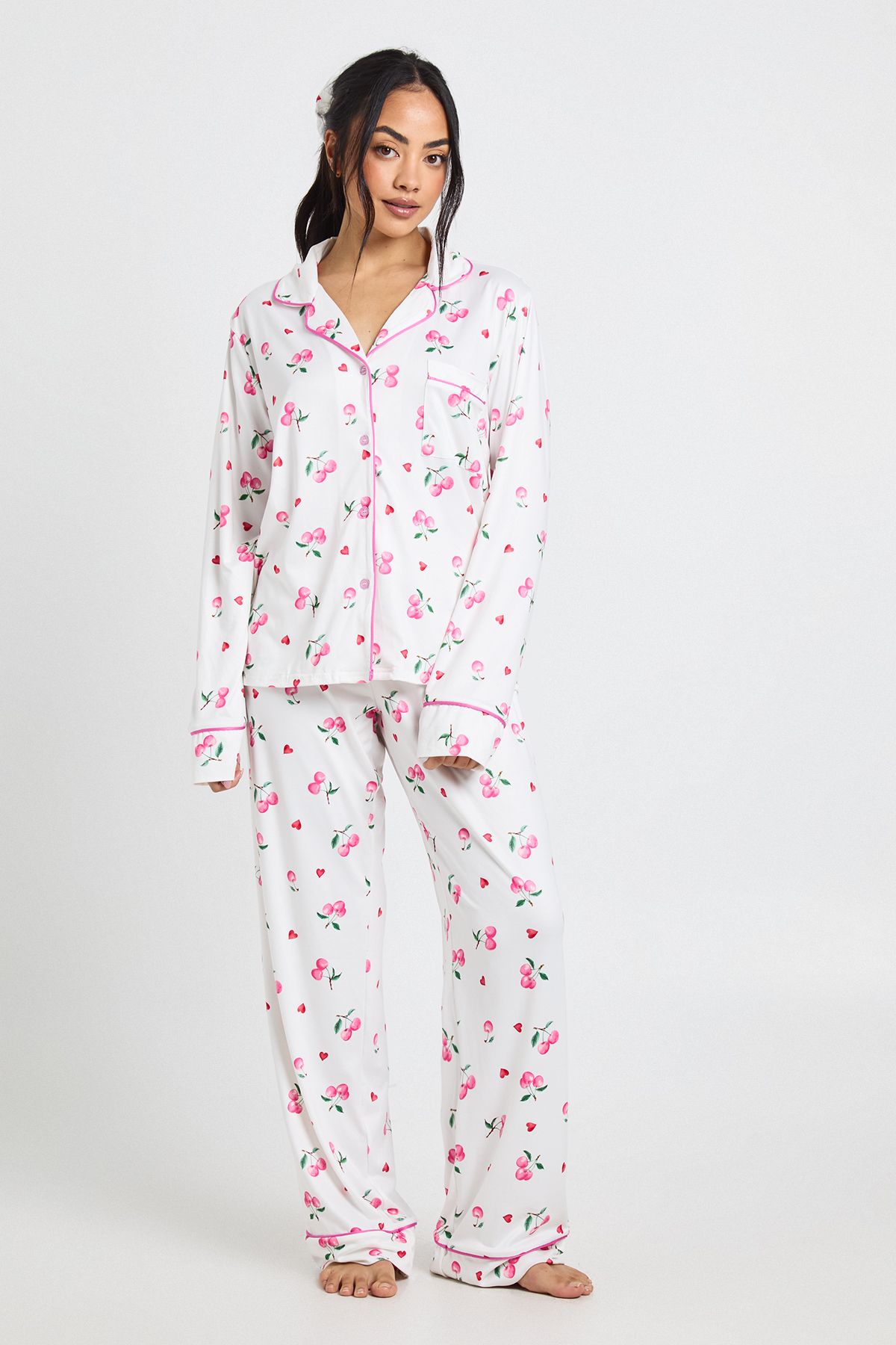 Cherry Print Long Sleeve Shirt & Trousers 3 Piece Pyjama Set - Image 3