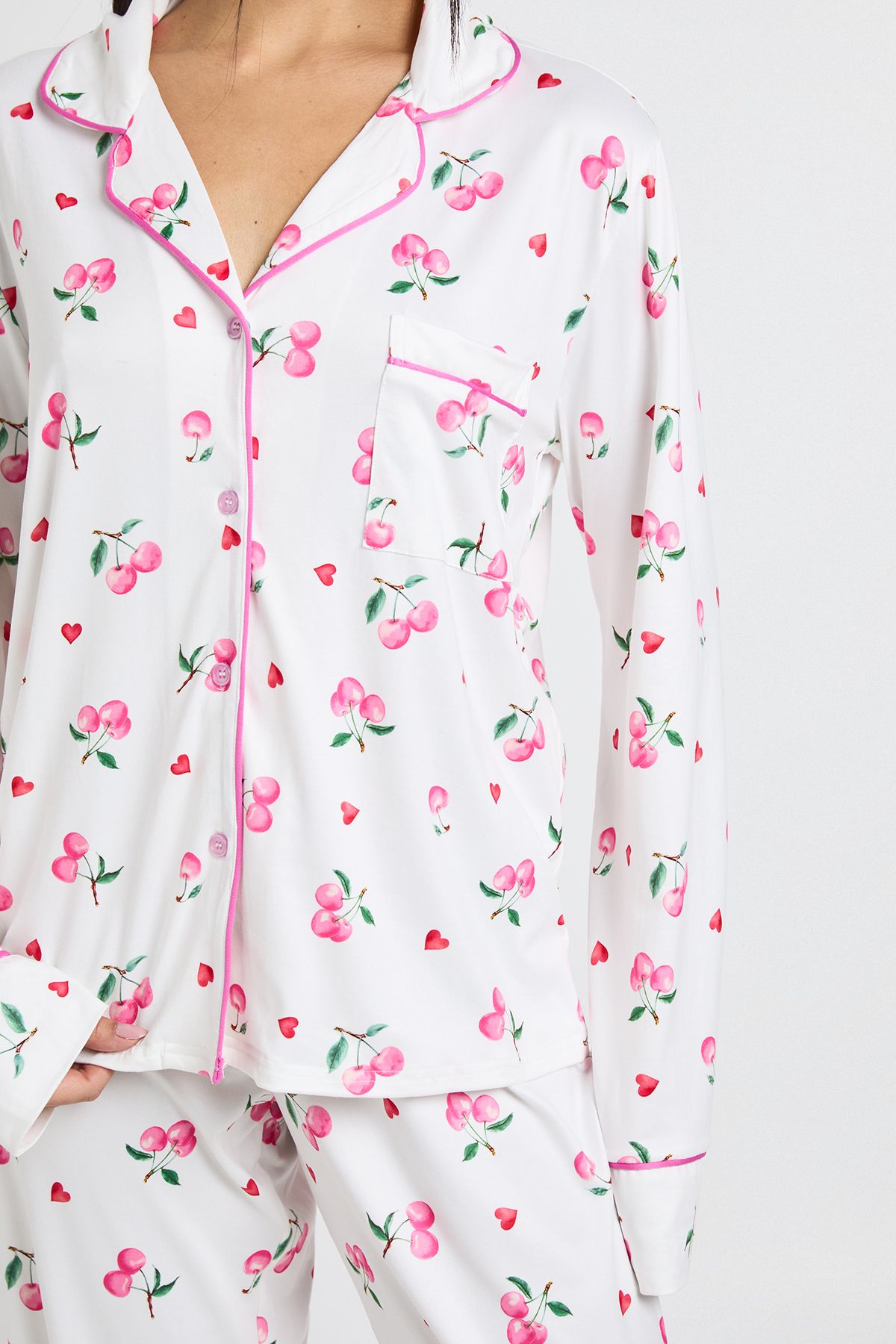 Cherry Print Long Sleeve Shirt & Trousers 3 Piece Pyjama Set - Image 4