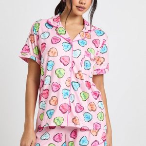 Valentines Love Heart Print Short Sleeve Shirt & Shorts 3 Piece Pyjama Set