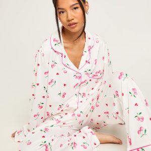 Petite Cherry Print Long Sleeve Shirt & Trouser 3 Piece Pyjama Set