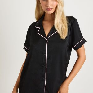 Satin Piping Detail Short Sleeve Shirt & Shorts Pyjama Set