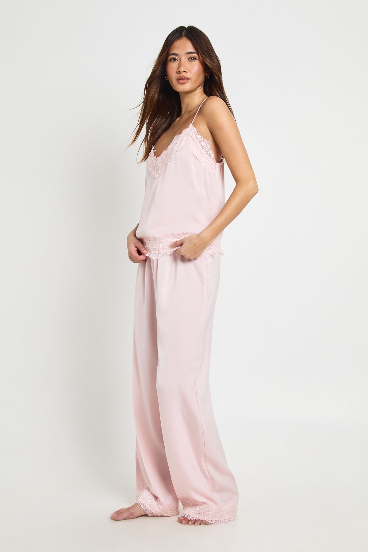 Eyelash Lace Trim Cami & Trouser Pyjama Set