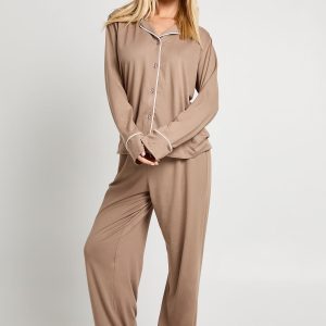 Jersey Piping Detail Long Sleeve Shirt & Trousers Pyjama Set