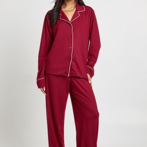 Jersey Piping Detail Long Sleeve Shirt & Trousers Pyjama Set