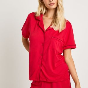 Jersey Piping Detail Short Sleeve Shirt & Shorts Pyjama Set