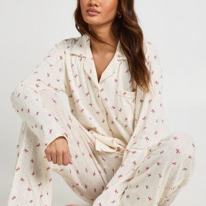 Bow Print Pointelle Long Sleeve Shirt & Trousers Pyjama Set