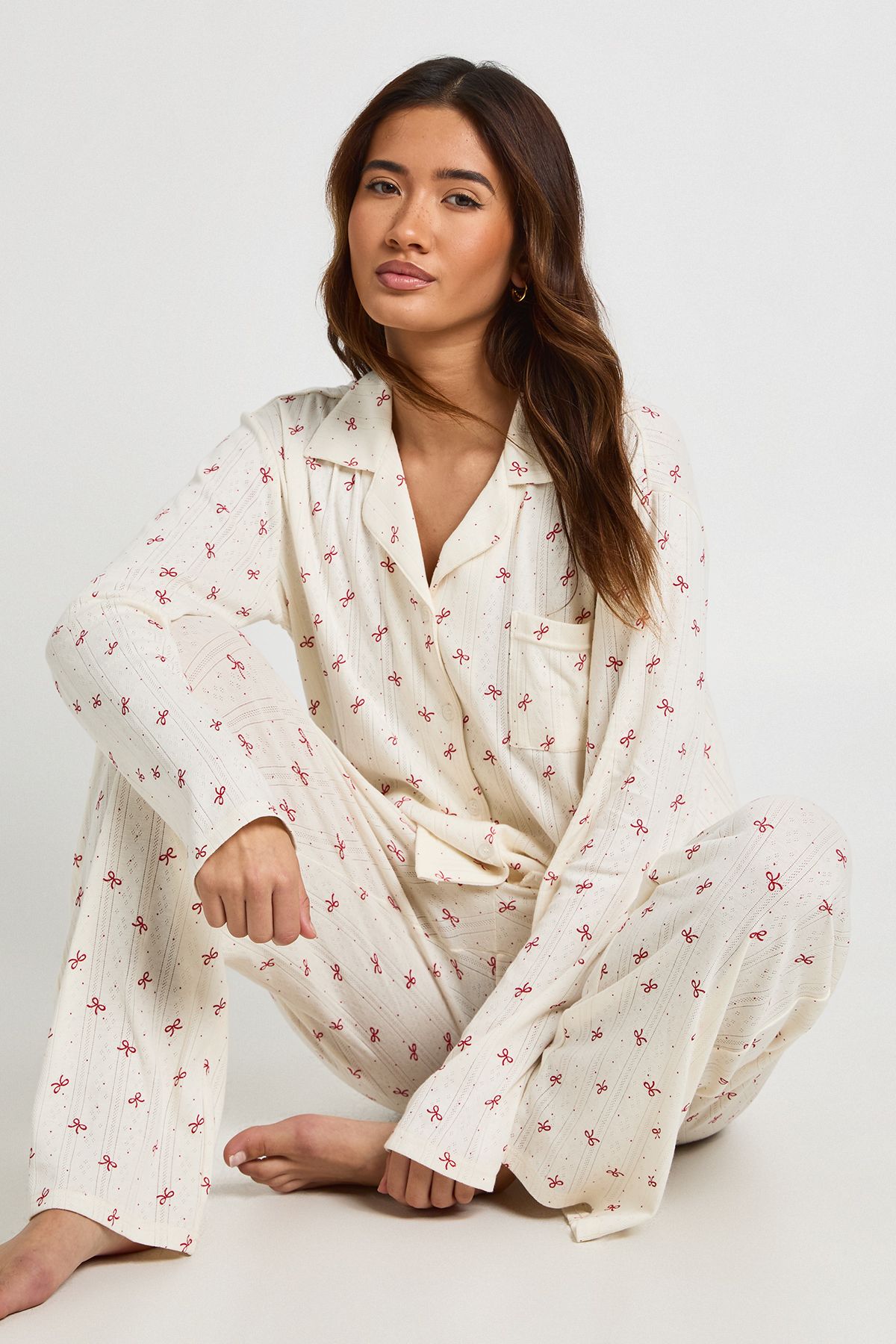 Bow Print Pointelle Long Sleeve Shirt & Trousers Pyjama Set