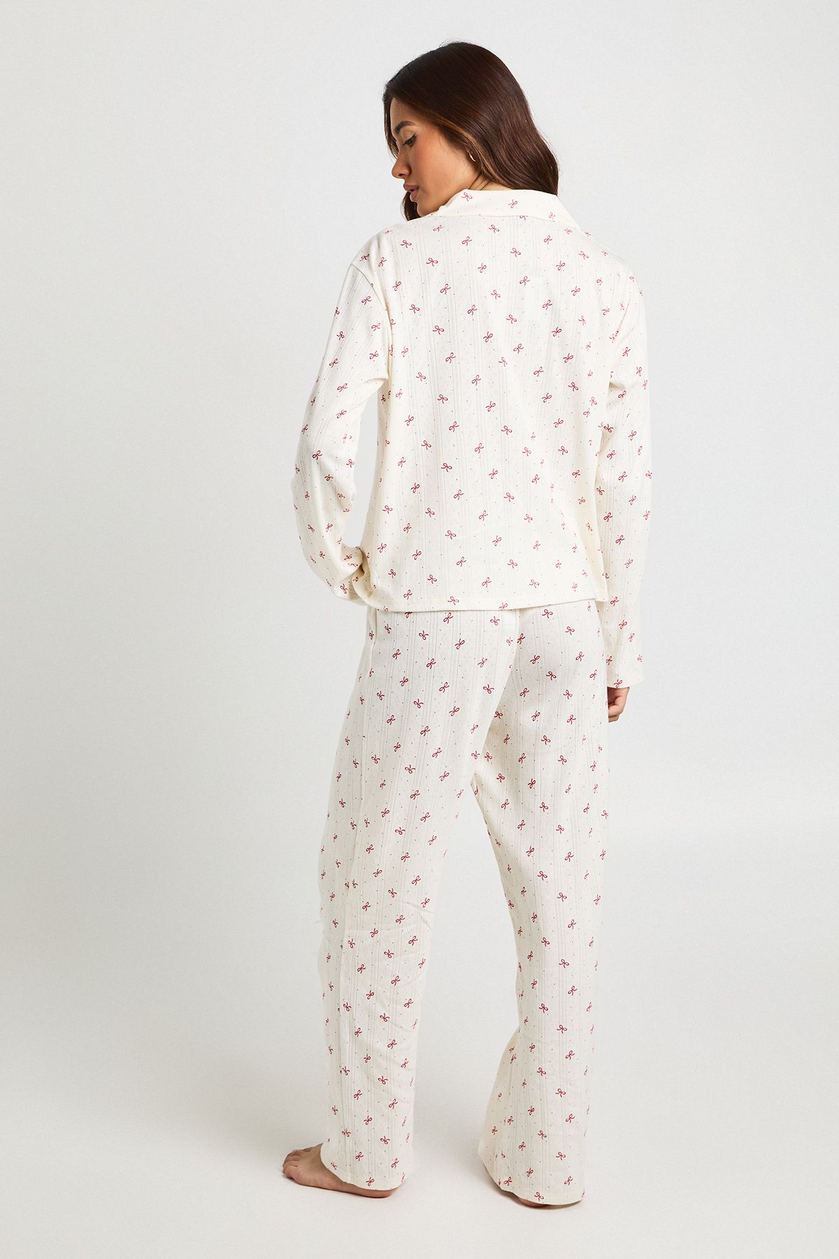 Bow Print Pointelle Long Sleeve Shirt & Trousers Pyjama Set - Image 2