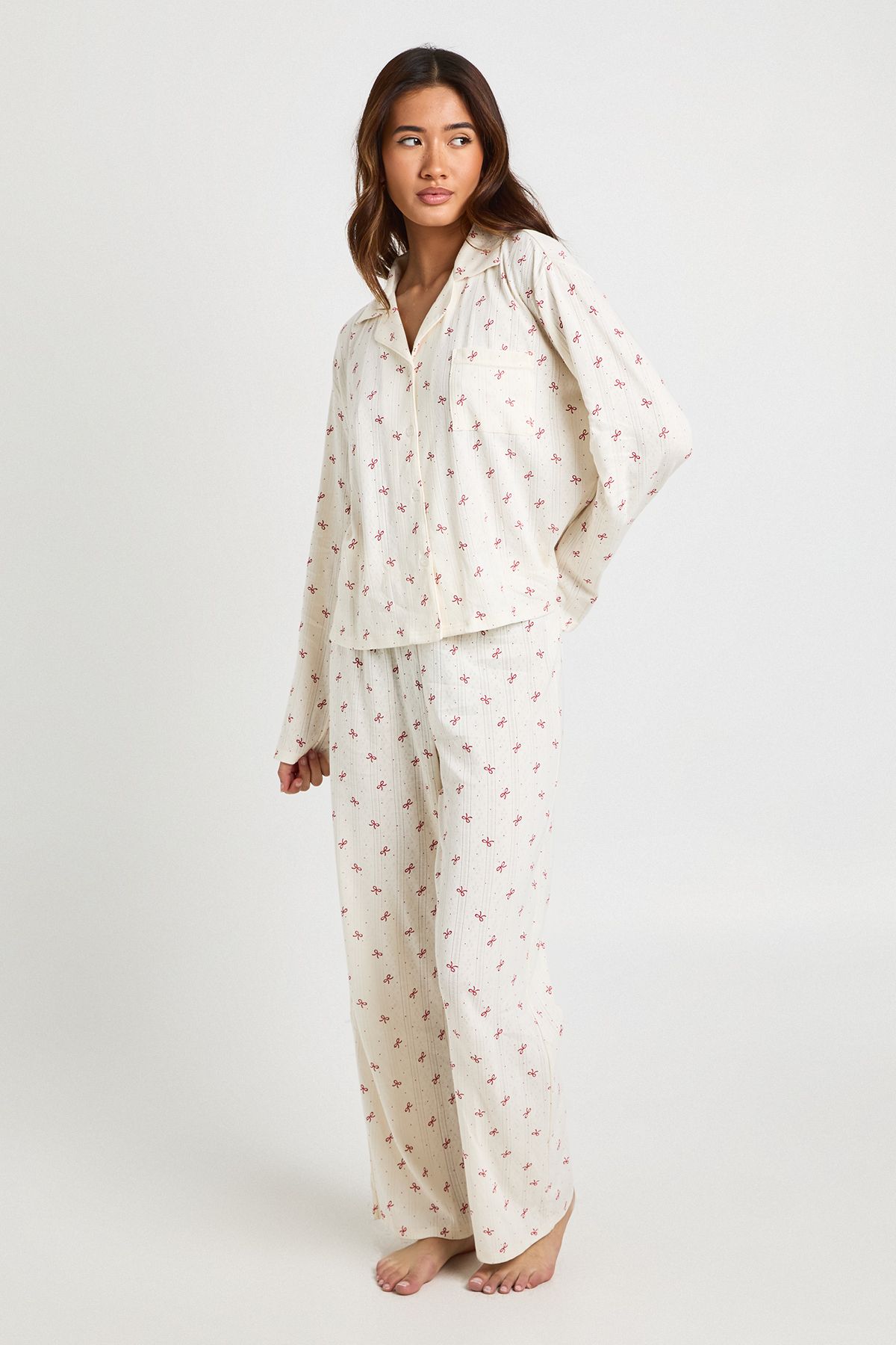 Bow Print Pointelle Long Sleeve Shirt & Trousers Pyjama Set - Image 3