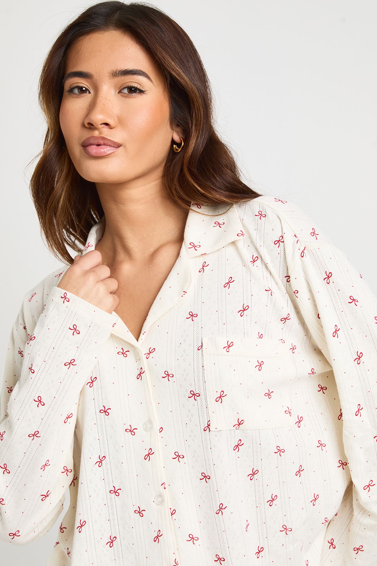 Bow Print Pointelle Long Sleeve Shirt & Trousers Pyjama Set - Image 4