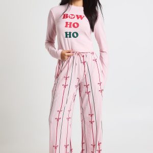 Christmas Bow Print Modal Long Sleeve Top & Trousers Pyjama Set