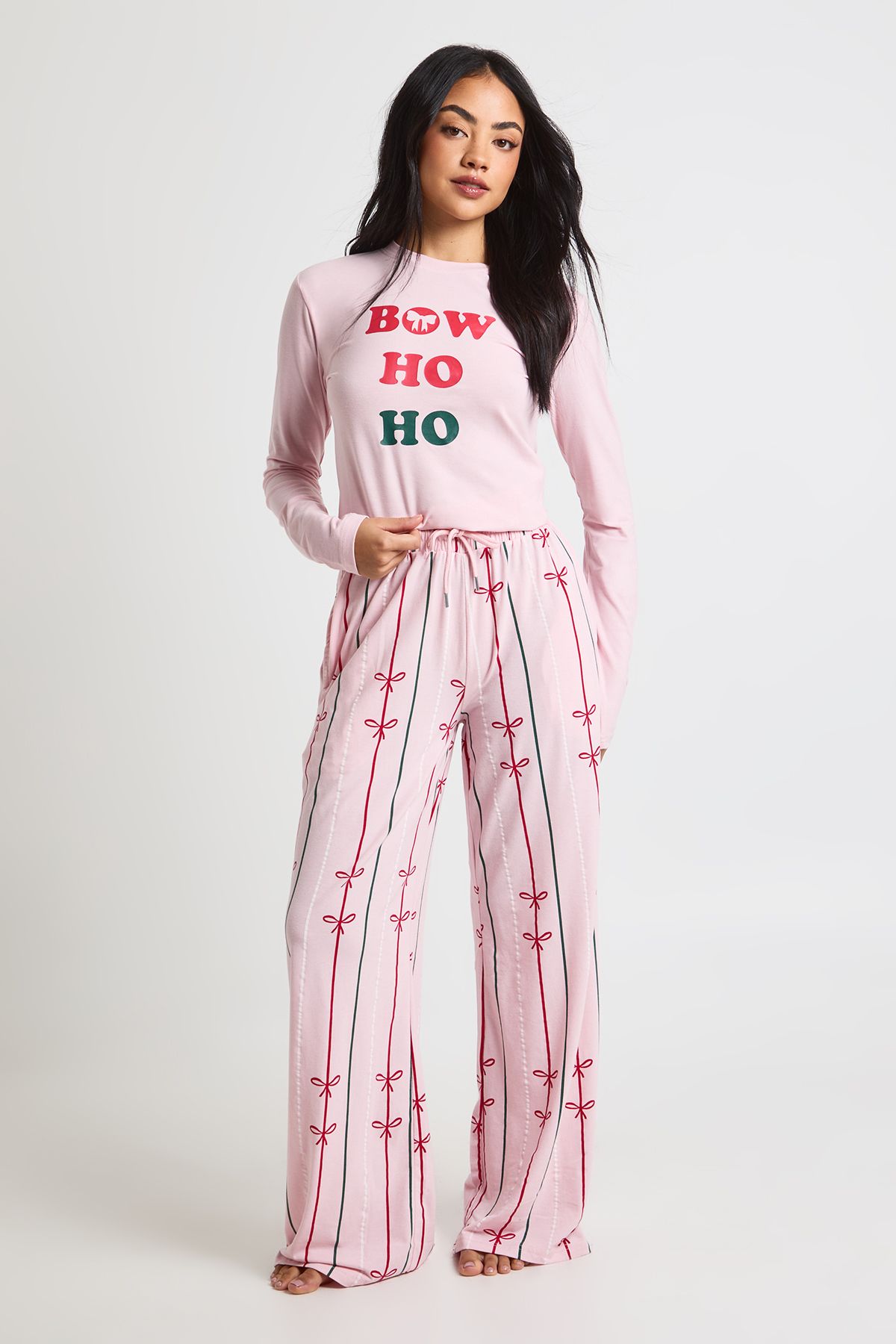 Christmas Bow Print Modal Long Sleeve Top & Trousers Pyjama Set