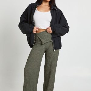 Textured Tie Wrap Waist Straight Leg Trouser