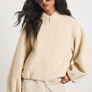 Balloon Sleeve Wool Look Bomber Jacket