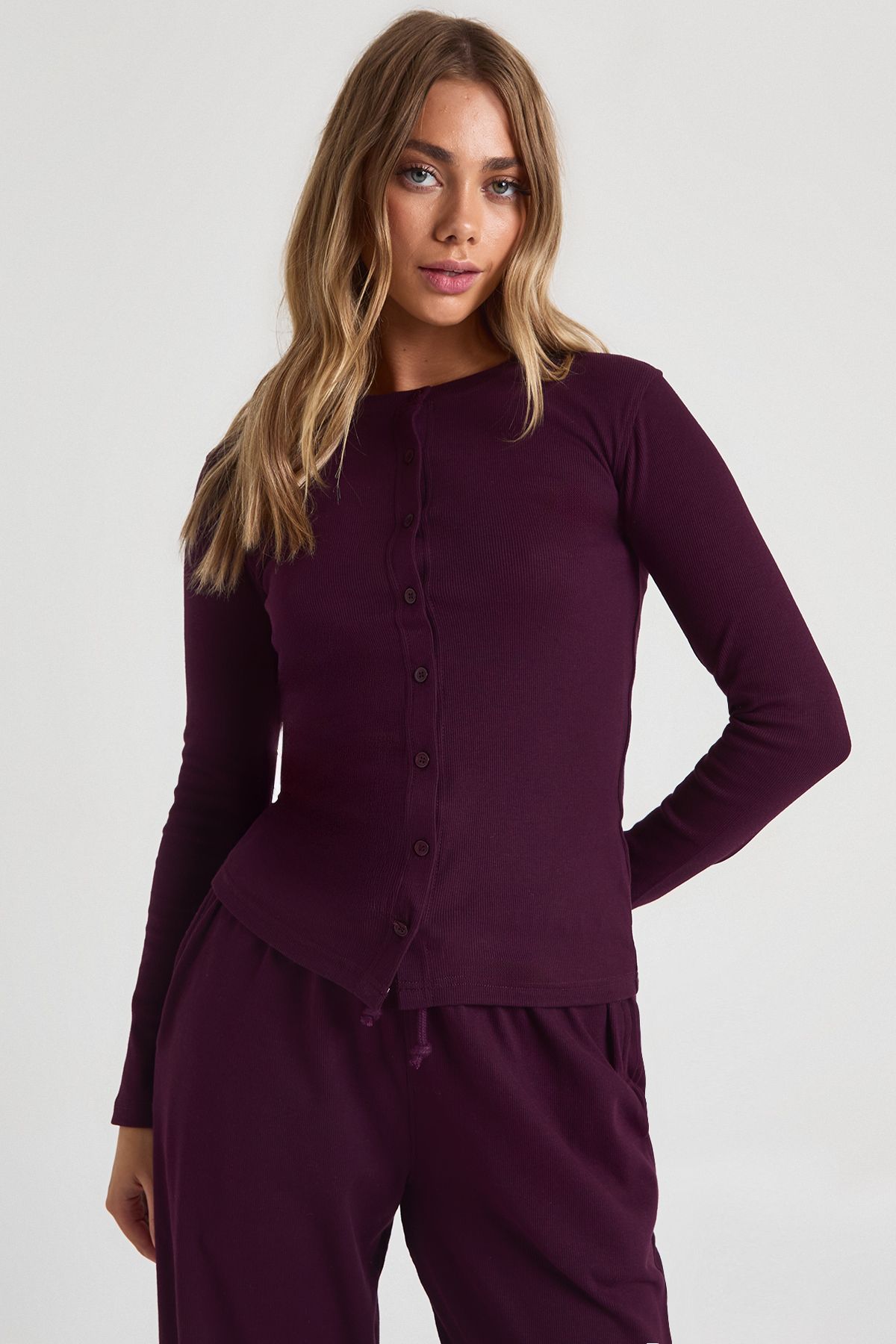 Rib Button Through Long Sleeve Top