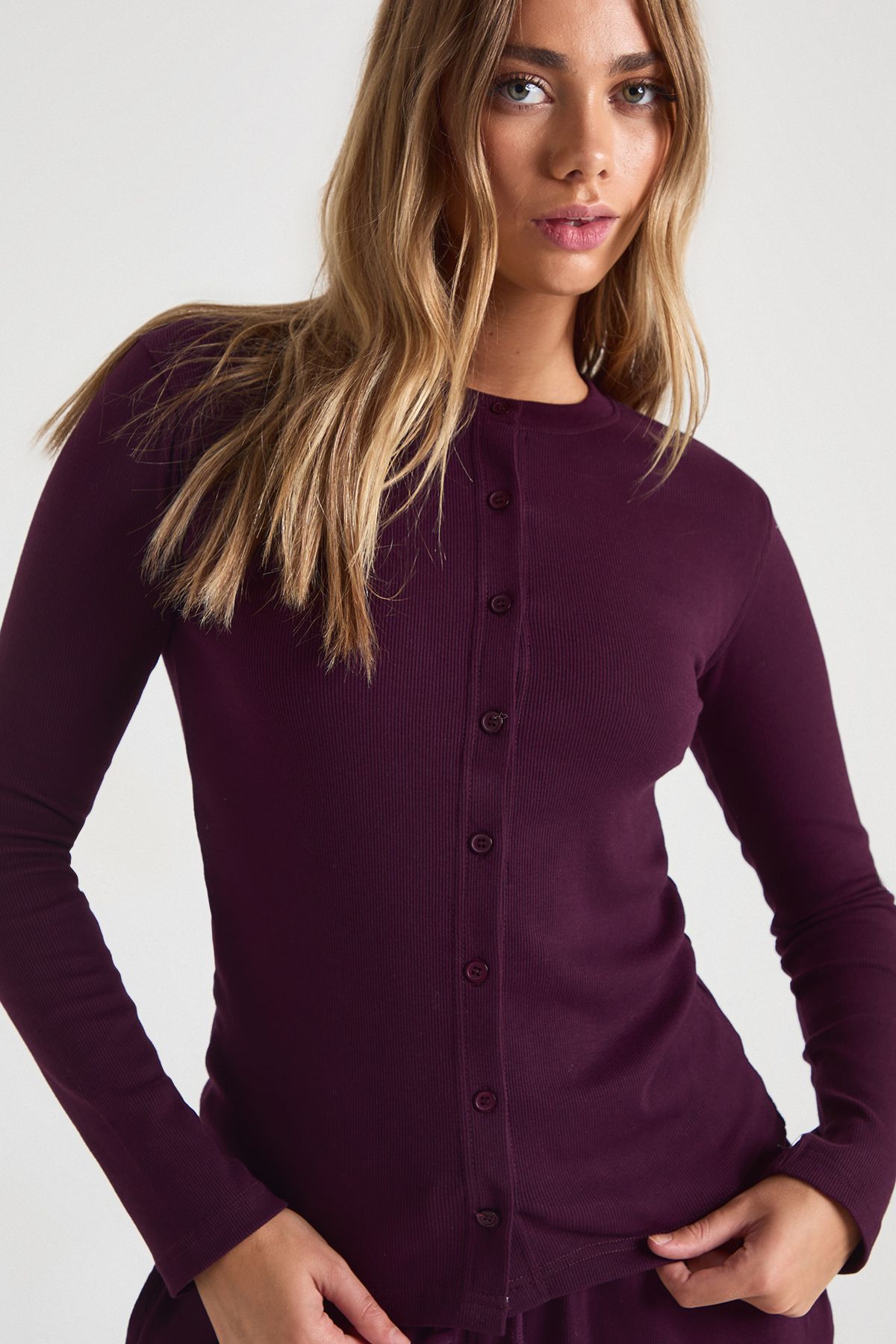 Rib Button Through Long Sleeve Top - Image 4