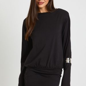 Ruched Long Sleeve Shoulder Pad T-shirt Mini Dress