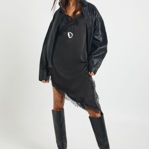 Lace Asymmetric Satin Slip Dress