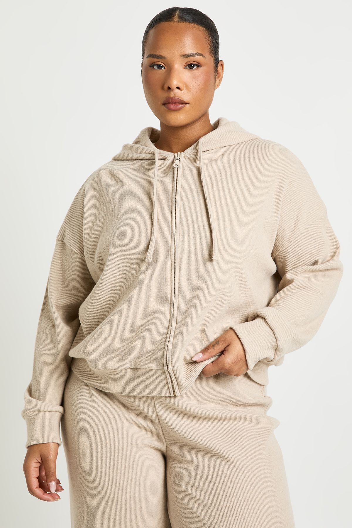 Plus Knitted Rib Zip Through Hoodie
