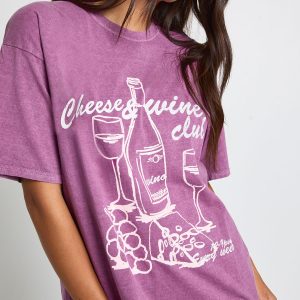 Cheese and Wine Printed Oversized T-Shirt