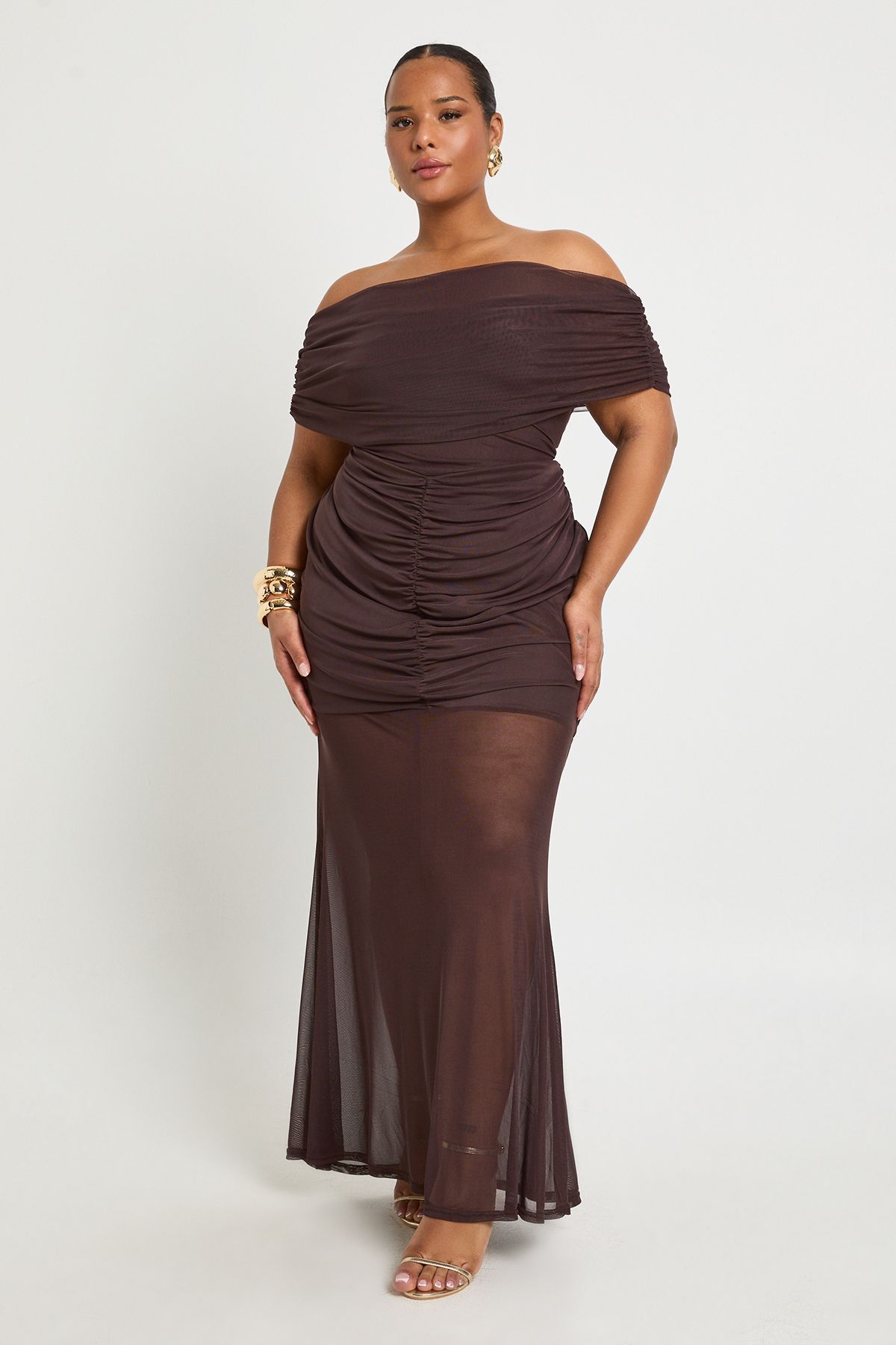Plus Bardot Ruched Body Midaxi Dress