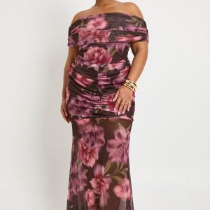 Plus Bardot Ruched Body Midaxi Dress