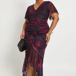 Plus Ruched Front Dark Floral Midaxi Dress