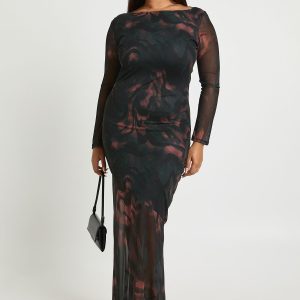 Plus Animal Long Sleeve Mesh Cowl Back Maxi Dress