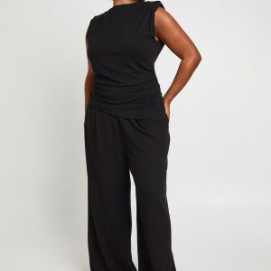 Plus Shoulder Pad Pleated Detail Asym Hem Top And Wide Leg Trousers