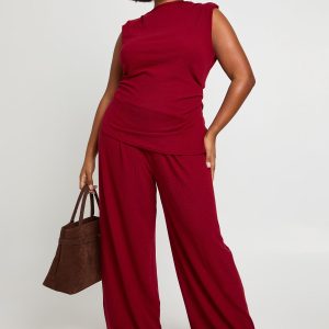 Plus Shoulder Pad Pleated Detail Asym Hem Top And Wide Leg Trousers