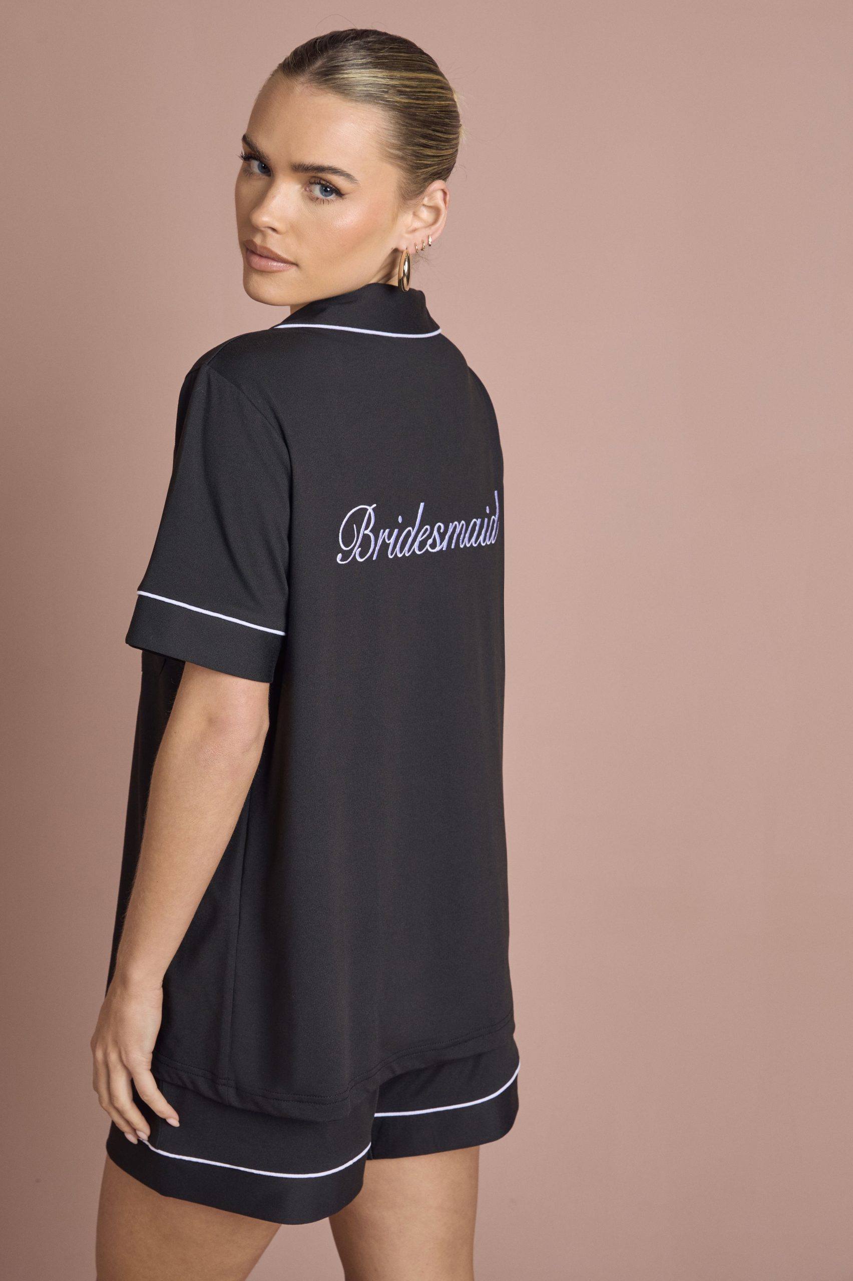 Bridal 'Bridesmaid' Satin Embroidered Short Sleeve Shirt & Short Pyjama Set