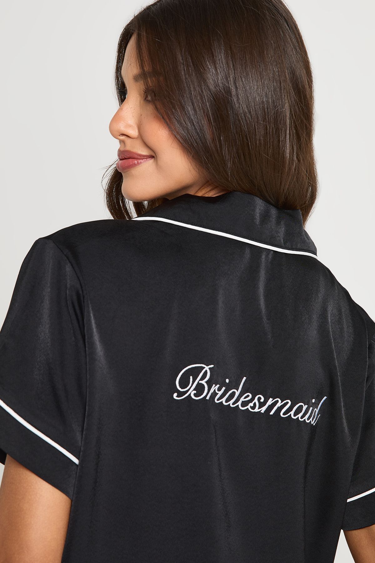 Bridal 'Bridesmaid' Satin Embroidered Short Sleeve Shirt & Short Pyjama Set - Image 4