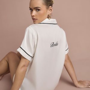 Bridal 'Bride' Satin Embroidered Short Sleeve Shirt & Short Pyjama Set