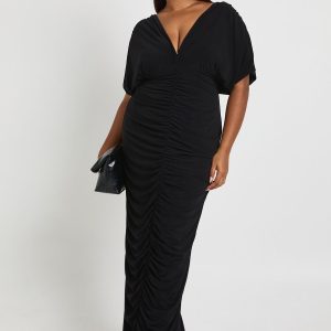 Plus Double Layer Ruched Plunge Batwing Maxi Dress